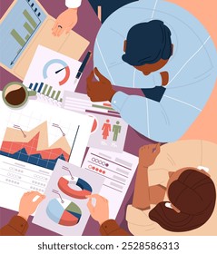 Business activity. Team of entrepreneurs or office employees brainstorming, analyzing financial reports and charts. Conference or partner meeting. Accounting and Bookkeeping. Flat vector illustration