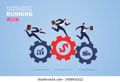 Business activity, three businessmen running on gears
