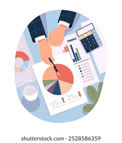 Actividad empresarial. Vista superior de las manos del empresario o trabajador de oficina que analiza el informe financiero, gráficos y gráficos. Lluvia de ideas y contabilidad. Ilustración vectorial plana aislada sobre fondo blanco