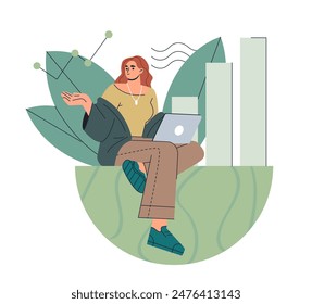 Business activity. Woman entrepreneur or accountant performs tasks on laptop and analyzes graphs and charts. Productive office worker. Flat vector illustration isolated on white background
