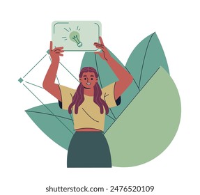Business activity. Woman office employee holding sign with light bulb. Entrepreneur brainstorms and comes up with creative idea for startup. Flat vector illustration isolated on background
