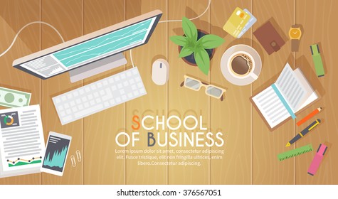 A business activity. Workplace. Office. Work in a team. Business school training. Objects lying on a wooden table. The web banner. Modern flat design. #4