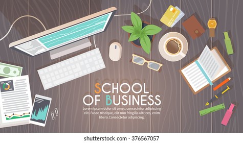 A business activity. Workplace. Office. Work in a team. Business school training. Objects lying on a wooden table. The web banner. Modern flat design. #1
