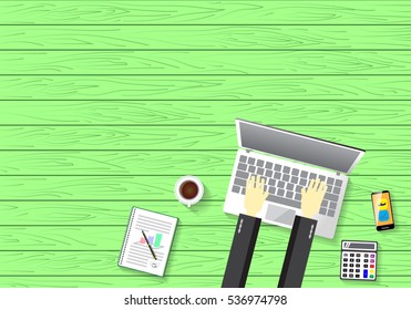 A business activity. Workplace. Office. Work in a team. Business school training. Objects lying on a wooden table. The web banner. Modern flat design.