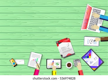 A business activity. Workplace. Office. Work in a team. Business school training. Objects lying on a wooden table. The web banner. Modern flat design.
