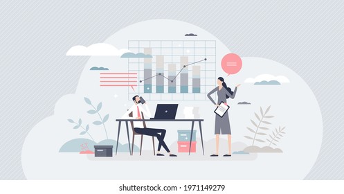 Business Administration And Company Strategy Management Tiny Person Concept. Future Planning And Control Expert With Professional Education In MBA Vector Illustration. Office Scene With Job Monitoring