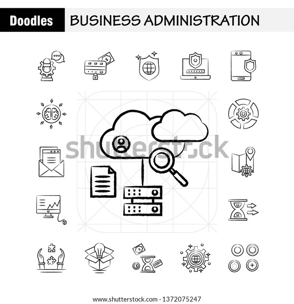 Business\
Administration Hand Drawn Icons Set For Infographics, Mobile UX/UI\
Kit And Print Design. Include: Gear, Setting, Engine, Globe,\
Document, Files, File, Star, Eps 10 -\
Vector