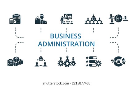 Business Administration Icon Set. Monochrome Simple Business Administration Icon Collection. Accounting, Buyer, Career Training, Seminar, Profit Sharing, Inventory Control, Job Rotation, Labor