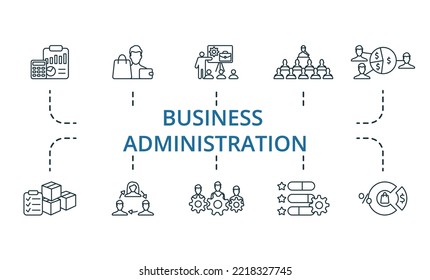 Business Administration Icon Set. Monochrome Simple Business Administration Icon Collection. Accounting, Buyer, Career Training, Seminar, Profit Sharing, Inventory Control, Job Rotation, Labor