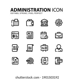 Business Administration Icons Set Line Style. Wallet, Businessman, Bank, Legal Document and More. Editable Stroke Vector Sign And Symbol Collection.