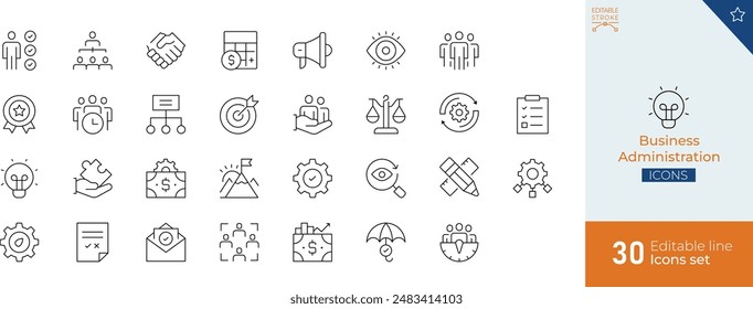 Administración de empresas Iconos de línea - ilustración de stock" probablemente se refiere a una colección de iconos de línea que representan varios aspectos de la administración de negocios.