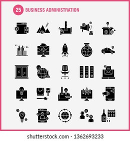 Business Administration Solid Glyph Icons Set For Infographics, Mobile UX/UI Kit And Print Design. Include: Monitor, Computer, Screen, Search, Avatar, Gear, Website, Engine, Eps 10 - Vector
