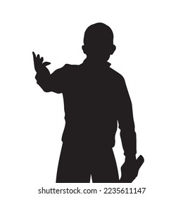 Business adult man presenting something to other person while standing and holding folded paper. Vector silhouette isolated on plain white background. Man with one hand up foward.