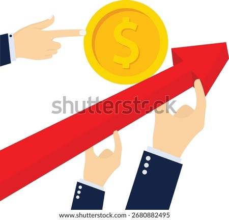 Business advancement and support, support and help with career or business growth and development, three hands holding an ascending arrow and one hand pushing a gold coin on the arrow

