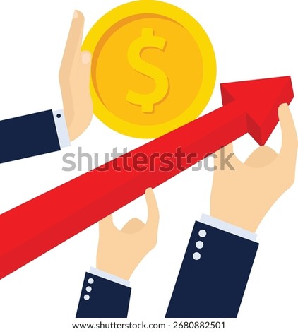 Business advancement and support, support and help with career or business growth and development, three hands holding an ascending arrow and one hand pushing a gold coin on the arrow

