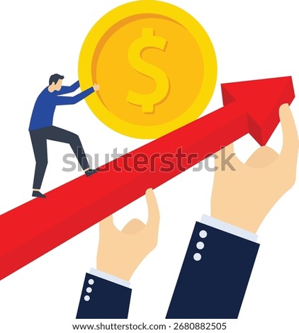 Business advancement and support, support and help with career or business growth and development, three hands holding an ascending arrow and one hand pushing a gold coin on the arrow

