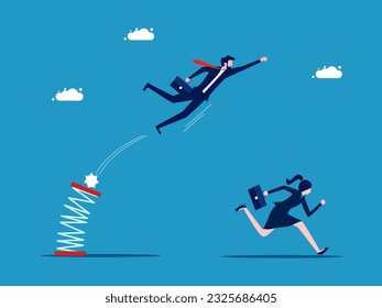 Business advantage. Businessman jumping high with a spring 