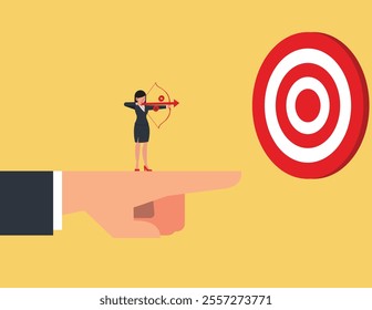 Business advantage or efficiency. Businesswoman Standing and holding a bow on the giant hand pointing to the target