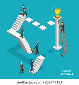 Business advantage isometric flat vector concept. Businessmen are trying to get the winner cup, and only the one of them has red ladder to get it fastest. Innovative thinking, leadership.