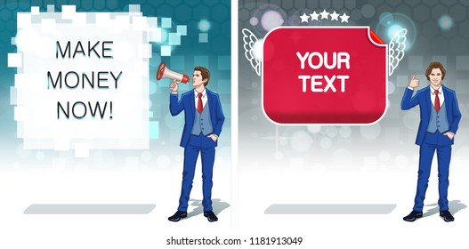Business advertisement concept clipart. Announcement banner template. Trade invitation cards. Colorful cartoon characters. Vector illustration. 
