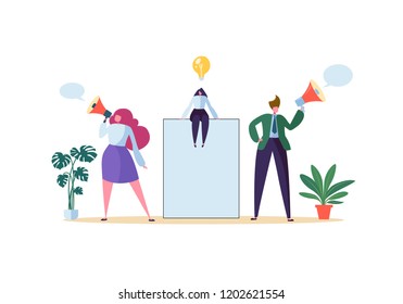 Business Advertising Concept. Woman with Blank Banner, Poster, Characters with Megaphone. Teamwork Marketing Presentation, Announcement. Vector illustration