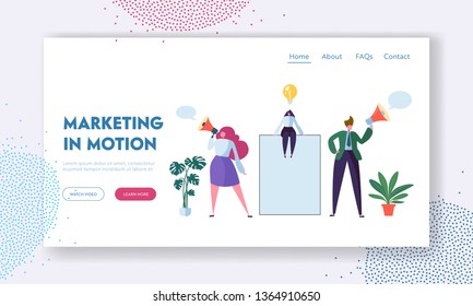 Business Advertising Concept. Woman Sitting on Blank Banner or Poster, Characters Stand with Megaphone. Marketing Presentation, Announcement of Promotion Landing Page. Cartoon Flat Vector Illustration