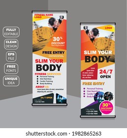 Business and advertising gym roll up banner design template vector eps. New business printable, fitness roll up banner flyer, broacher design. Standee and banner template. Abstract design background.