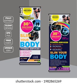 Business and advertising gym roll up banner design template vector eps. New business printable, fitness roll up banner flyer, broacher design. Standee and banner template. Abstract design background.