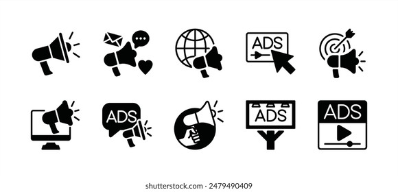 Business advertising icon set. Containing megaphone, media social, online video, campaign, billboard, communication, marketing target, internet, website, adsense. Vector illustration