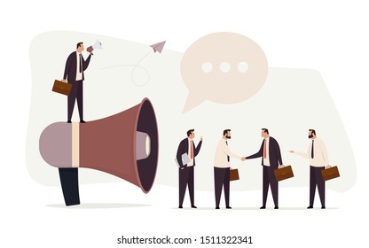 Business advertising promotion concept. Promoter standing on big megaphone talking to the investors. Advertisement marketing. Modern flat vector illustration.