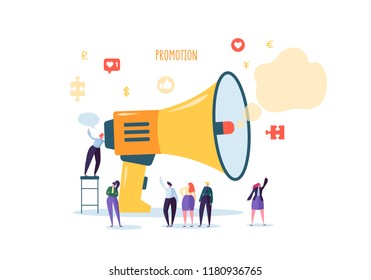 Business Advertising Promotion. Loudspeaker Talking to the Crowd. Big Megaphone and Flat People Characters Advertisement Marketing Concept. Vector illustration