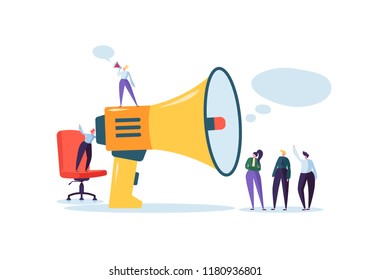 Business Advertising Promotion. Loudspeaker Talking to the Crowd. Big Megaphone and Flat People Characters Advertisement Marketing Concept. Vector illustration