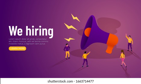 Business Advertising Promotion. Loudspeaker Talking to the Crowd. Big Megaphone and People Characters Advertisement Marketing Concept.  We hiring. Vector illustration.