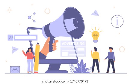 Business Advertising Promotion. Loudspeaker Talking to the Crowd. Big Megaphone and People Characters Advertisement Marketing Concept. Vector illustration. Announcement business communication