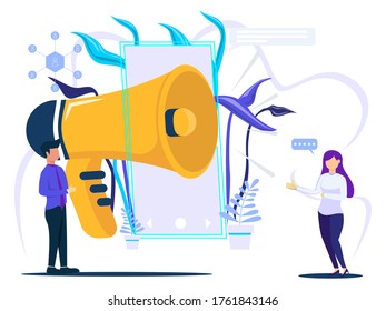 Business Advertising Promotion. man holding a loudspeaker. concept of marketing advertising. Flat vector illustration.