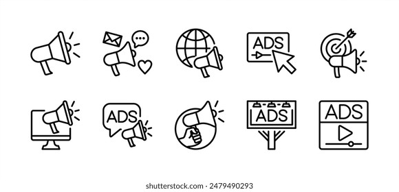 Business advertising thin line icon set. Containing megaphone, media social, online video, campaign, billboard, communication, marketing target, internet, website, adsense. Vector illustration