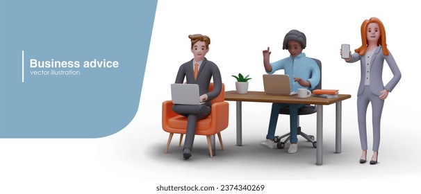 Business advice. Advertising online service, resource. Remote counseling, services of coach, specialist. Men work at laptop, woman demonstrates smartphone. Blank gadget screen, mockup