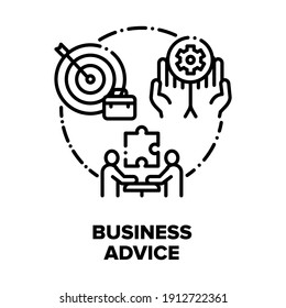Concepto de icono del vector de asesoramiento empresarial. Reunión De Negocios Y Consulta, Consultor Explicando Estrategia Y Enseñando Nuevas Habilidades A Empresarios. Ilustración negra de la solución de asesoramiento de asesores