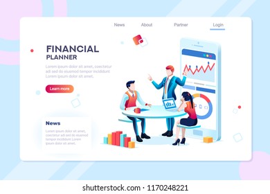 Business adviser team. Management of investment, meeting, account, consultant discussion. Data income graph professional analyzing, financial analyst concept. Characters on flat isometric illustration