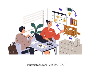 Business advisor, financial expert with client in office. Bank worker, finance adviser consulting customer on investments, money strategy. Flat vector illustration isolated on white background