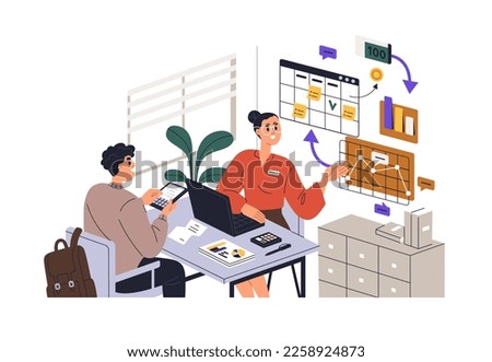 Business advisor, financial expert with client in office. Bank worker, finance adviser consulting customer on investments, money strategy. Flat vector illustration isolated on white background