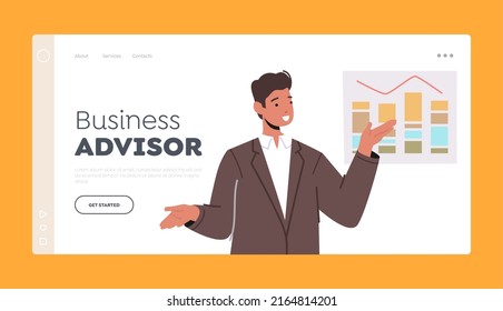 Business Advisor Landing Page Template. Online Virtual Conference, Meeting or Seminar with Trainer Giving Financial Information Stand at Whiteboard with Data Charts. Cartoon Vector Illustration