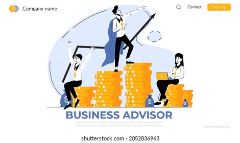 Business Advisor Web Banner Vector Concept. Return on investment, income growth, budget planning, business analysis, investing advisor, revenue broker vector flat concept design.