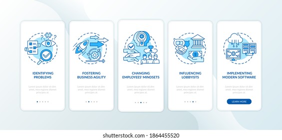 Business advisory tasks onboarding mobile app page screen with concepts. Influencing lobbyists, software walkthrough 5 steps graphic instructions. UI vector template with RGB color illustrations