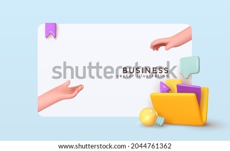 Business affairs, conclusion of deal and contract. Big Folder, document, file, hands realistic 3d icon. Concluding handshake. Landing page for website. Concept creative idea. Vector illustration.