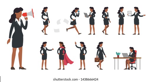 Business african american female manager in black office suit character set. Businesswoman standing with megaphone, waking with suitcase, coffee, superhero cape, crossed arms, speaking. Flat vector.