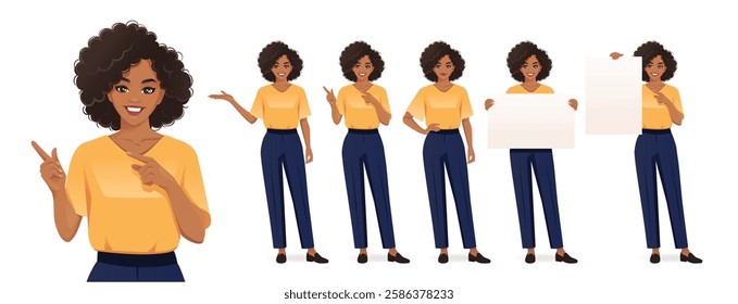 Business African American woman with afro hairstyle in different poses set. Various gestures - standing, pointing, showing, holding empty blank board. Isolated vector illustration