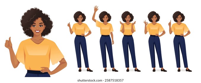 Business African American woman with afro hairstyle in different positive poses set. Surprised, waving, standing with crossed hands, showing thumb up and ok sign. Isolated vector illustration