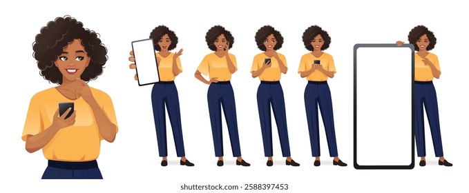 Business African American woman with afro hairstyle holding mobile phone, talking, texting, thinking and showing empty screen. Isolated vector illustration set