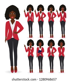 Business African American woman character in different poses set vector illustration